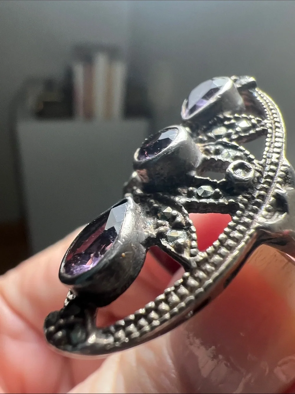 Stylish Silver Ring with Purple Gem Accents - Vintage